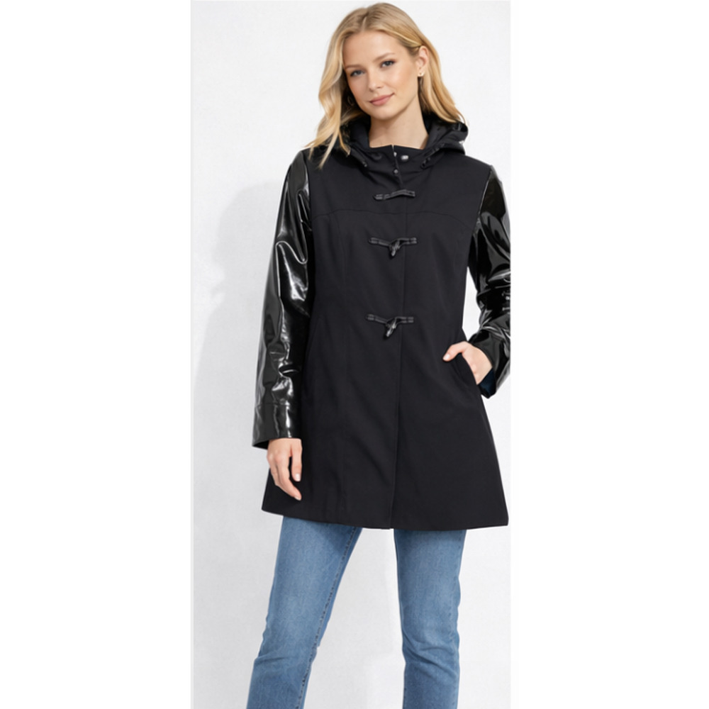 NWT JANE POST BLACK TOGGLE HOODED LEOPARD LINING RAIN JACKET COAT SLICKER SZ M